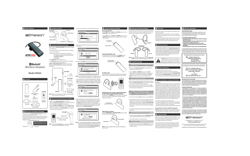 Emerson EM-262 Bluetooth Headset User Manual | Manualzz