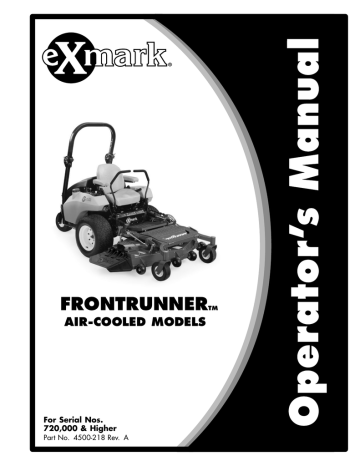 Transporting. Exmark Frontrunner Series, Frontrunner FR27KC, 720000 & Higher, Frontrunner FR31BV, 000 & Higher Serial Nos., Frontrunner 720,000 & Higher Serial Nos., Frontrunner FR23KC | Manualzz