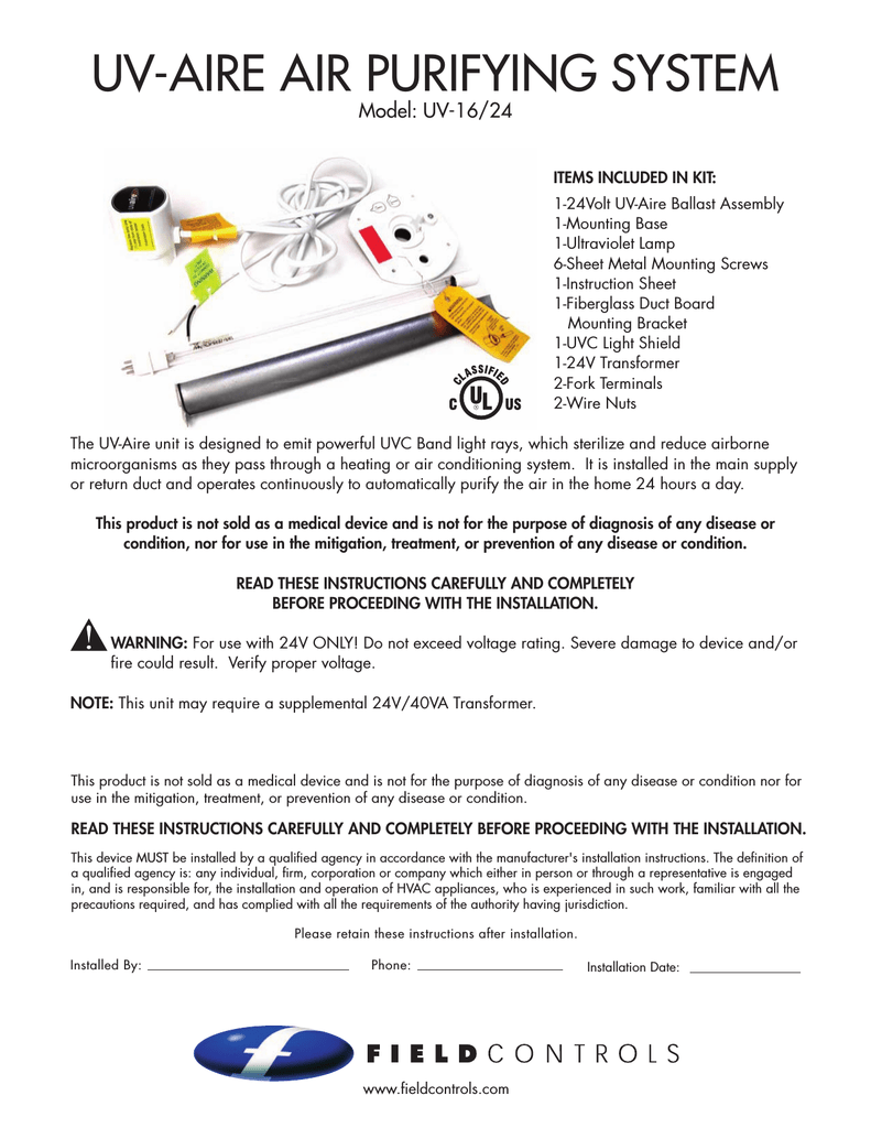 Field Controls Uv 16 24 Air Cleaner User Manual Manualzz