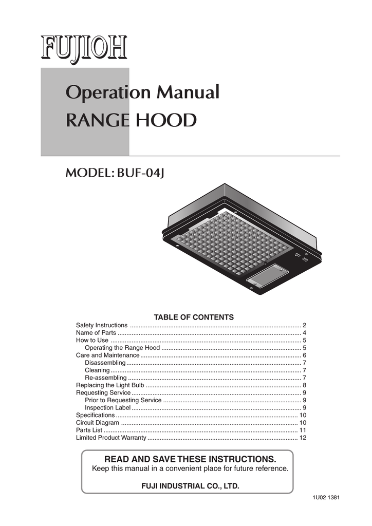 Fujioh BUF04J Ventilation Hood User Manual Manualzz