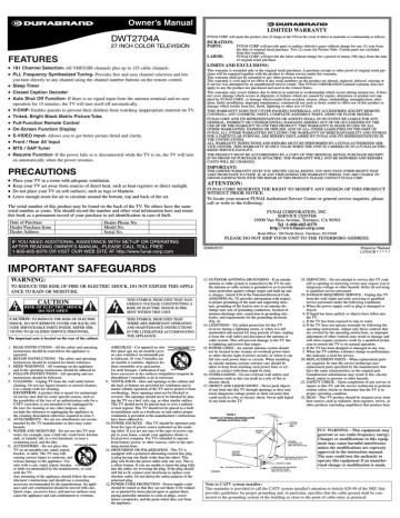 FUNAI DWT2704A CRT Television Owner's Manual | Manualzz