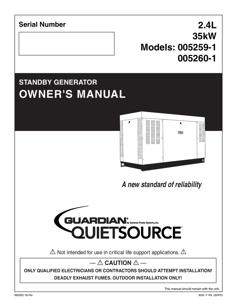 Generac Power Systems 005259-1 Portable Generator User Manual | manualzz.com