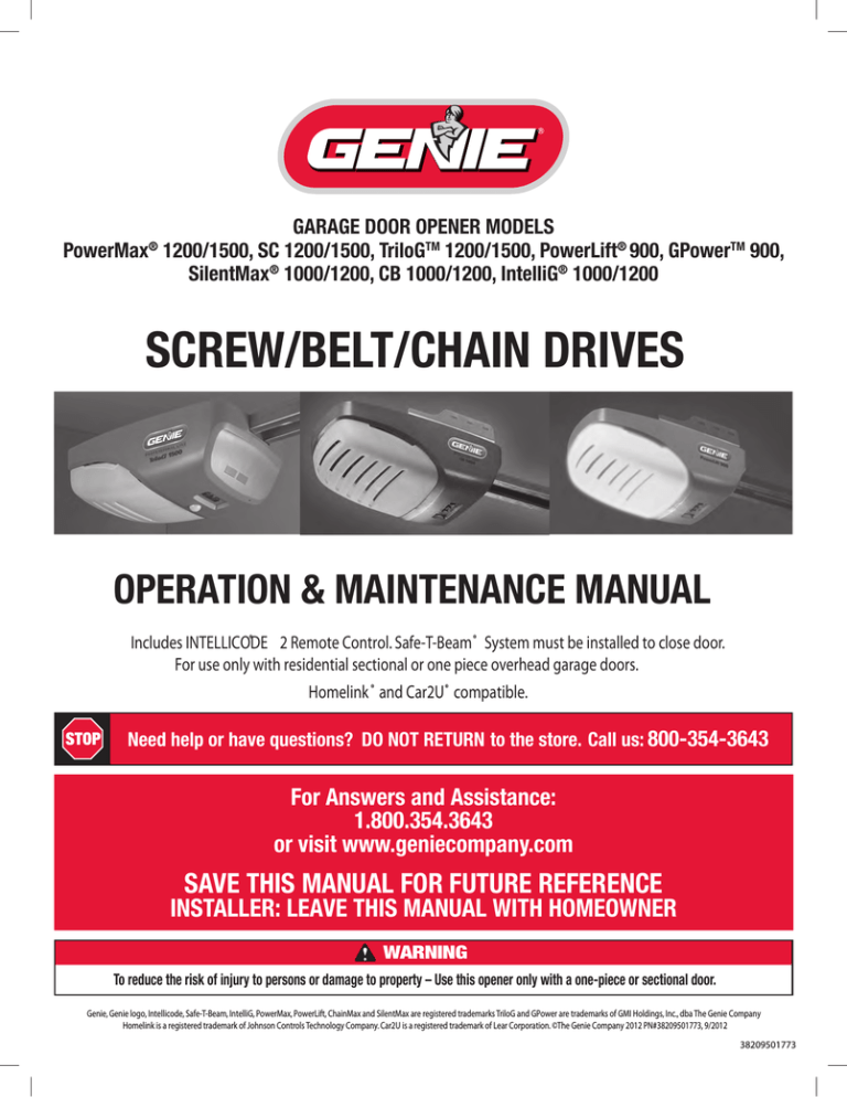 Genie 1200/1500 Garage Door Opener User Manual | Manualzz