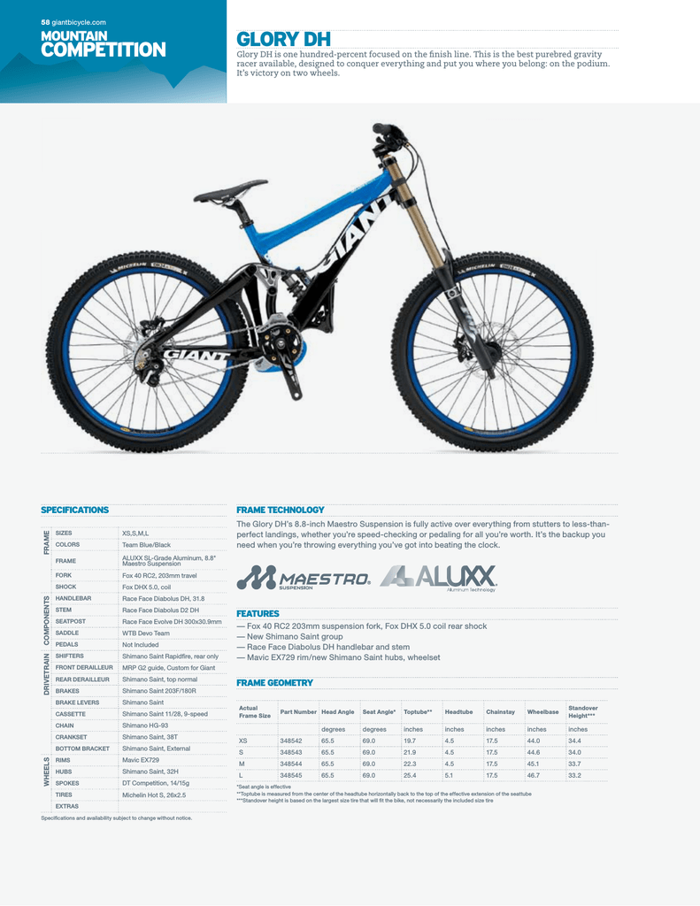 Giant GLORY DH Bicycle User Manual 