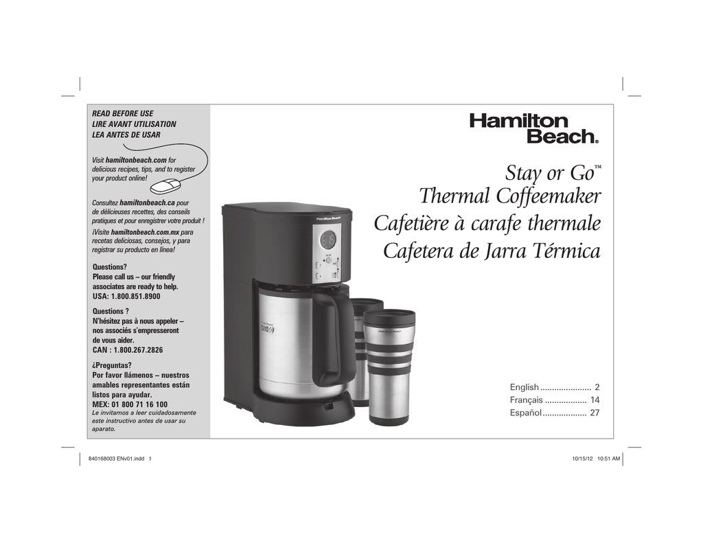 Hamilton Beach 45237RC, Stay or Go 45237R, Stay or Go 45237RC, Stay or Go  45238C, 45237C, 45237, 45237R, 45238 - Stay or Go Coffee Maker User manual  | Manualzz