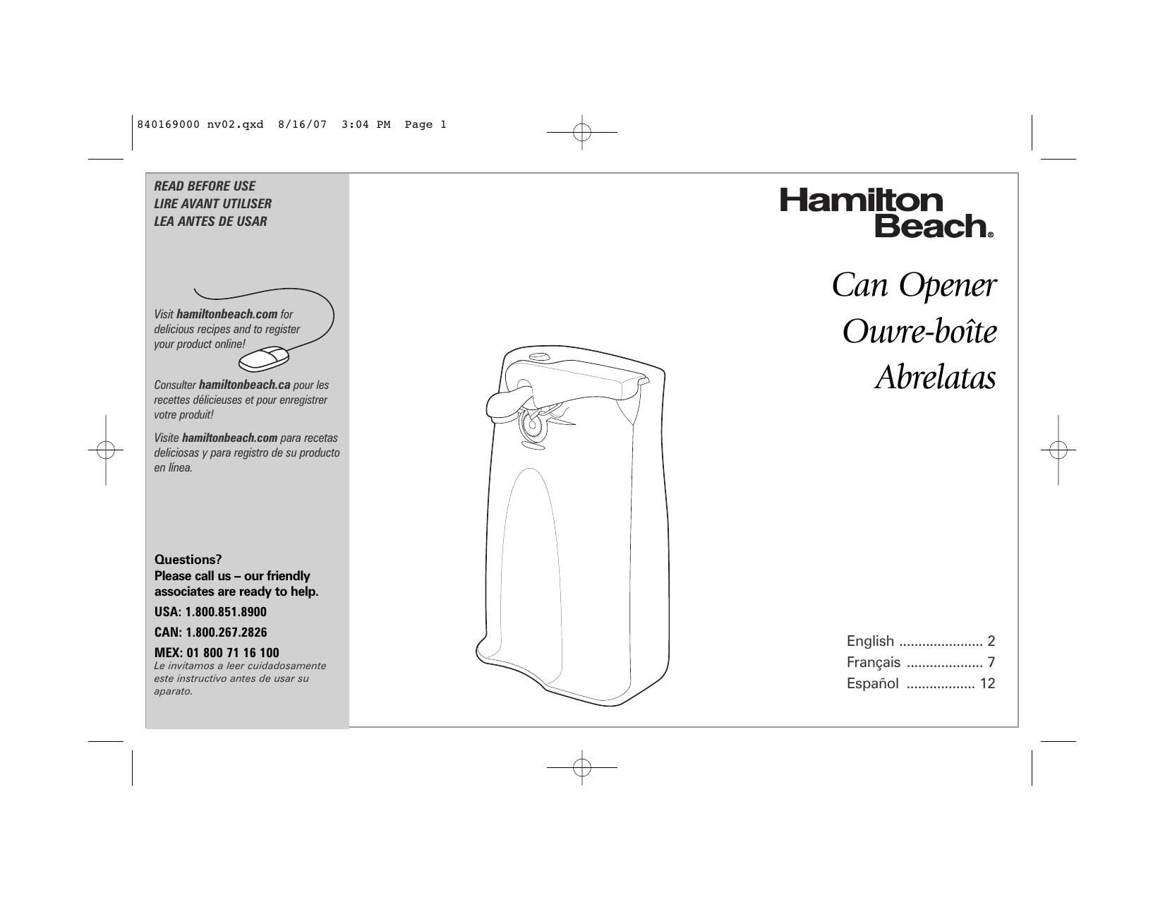 Hamilton Beach 76371B, 76370 - Extra Tall Can Opener, 76378, 76370 User  manual | Manualzz