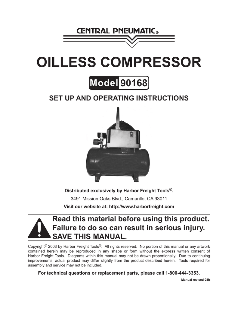 Harbor Freight Tools 90168 Air Compressor User Manual | Manualzz