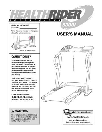 BEFORE YOU BEGIN. HealthRider HRTL05910, S300i | Manualzz