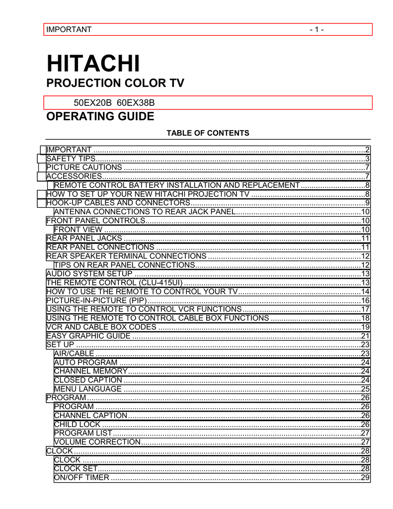 Hitachi 50c10e Projection Television User Manual Manualzz