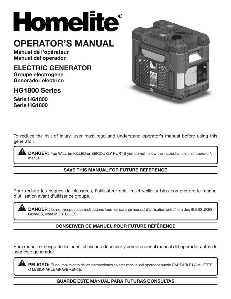 Homelite HG1800 Portable Generator User Manual | Manualzz