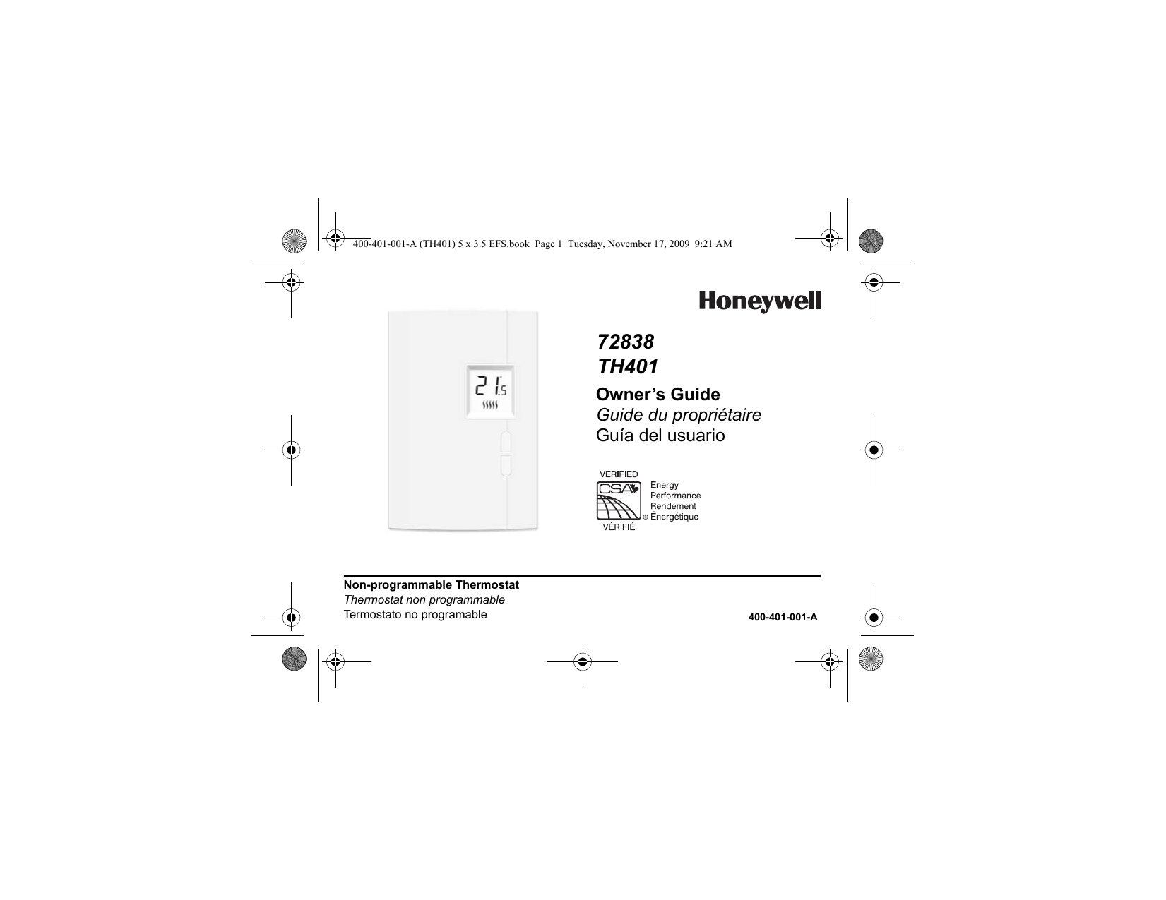 Honeywell 72838, X-72838, TH401 User manual | Manualzz