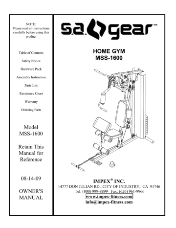 Impex MSS 1600 Fitness Equipment User Manual Manualzz