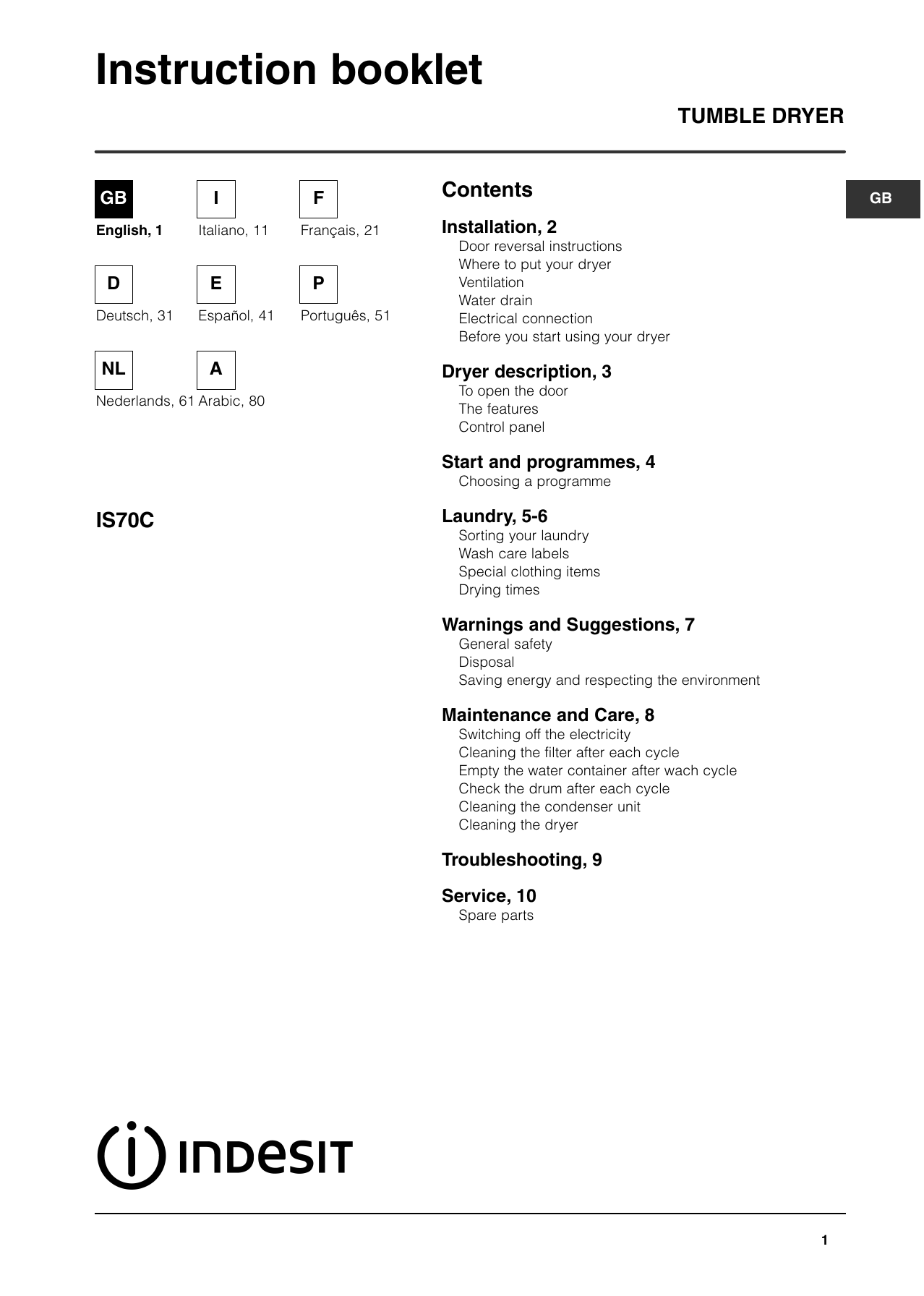 Indesit Is70c Clothes Dryer User Manual Manualzz