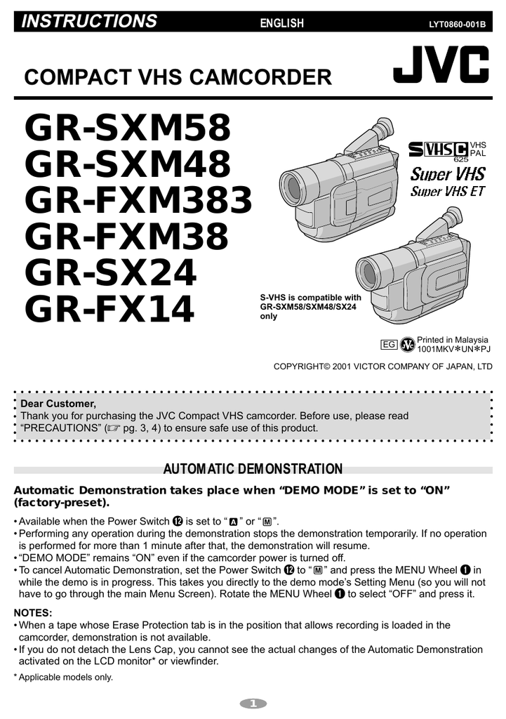 Jvc Compact Vhs Camcorder Gr-axm17u User Manual