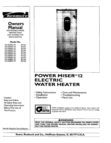 Kenmore 153.320392 HT Water Heater User Manual | Manualzz Kenmore Power Miser 6 30 Gal Manualzz