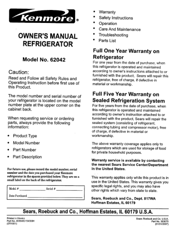 Kenmore 596.58627 Refrigerator User Manual | Manualzz