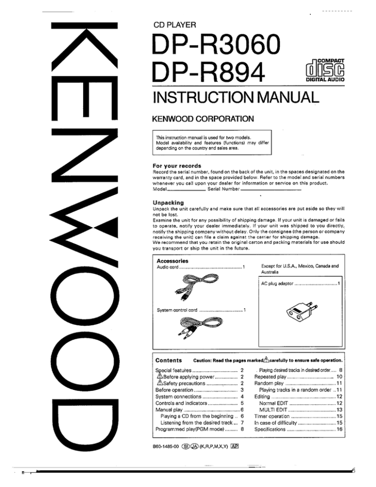 Kenwood Dp R4 Cd Player User Manual Manualzz