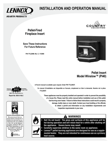 Lennox Hearth PI40 Indoor Fireplace Installation and Operation Manual | Manualzz