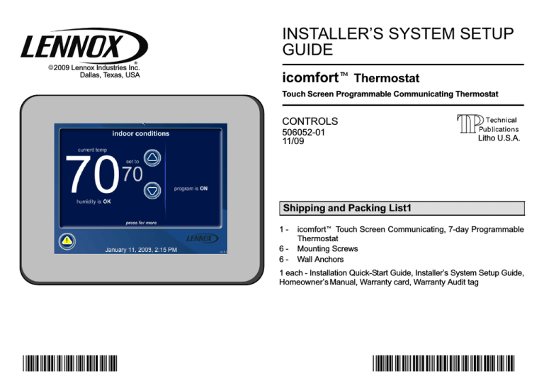 Lennox International Inc. 2P1109 Thermostat User Manual Manualzz