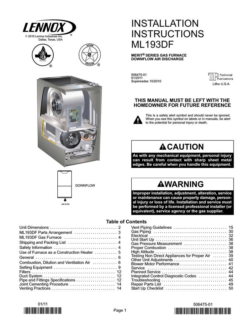 Lennox International Inc Merit Series Gas Furnace Downflow Air Discharge Electric Heater User Manual Manualzz