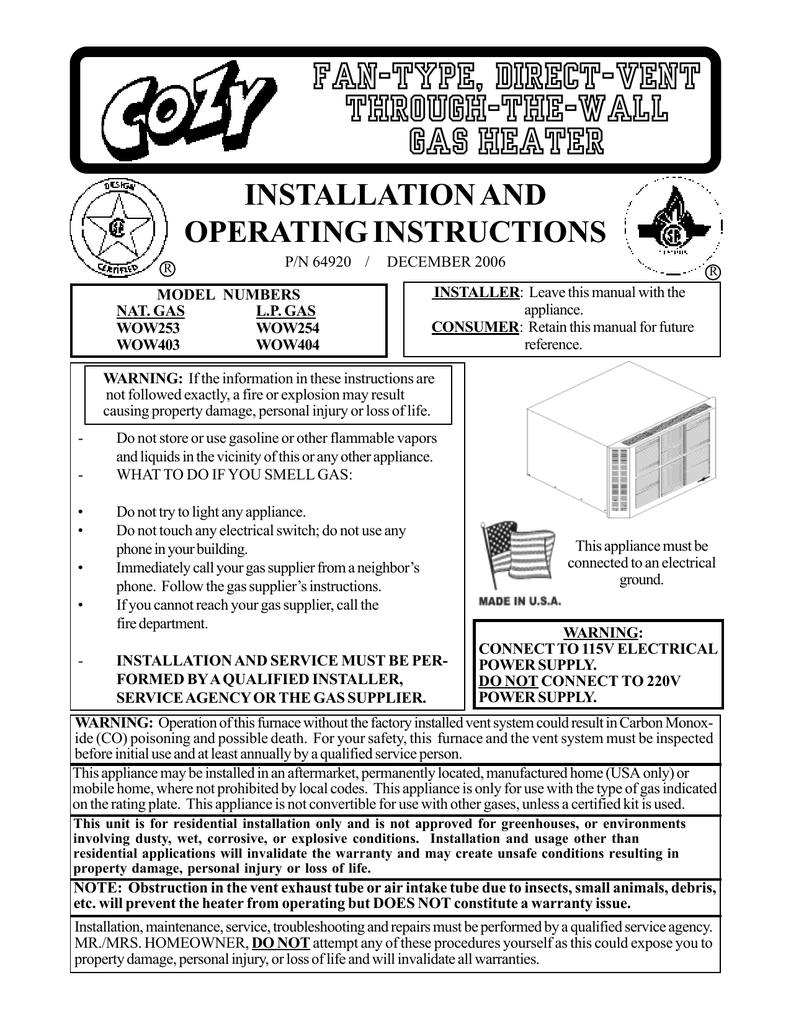 Louisville Tin And Stove Wow253 Gas Heater User Manual Manualzz