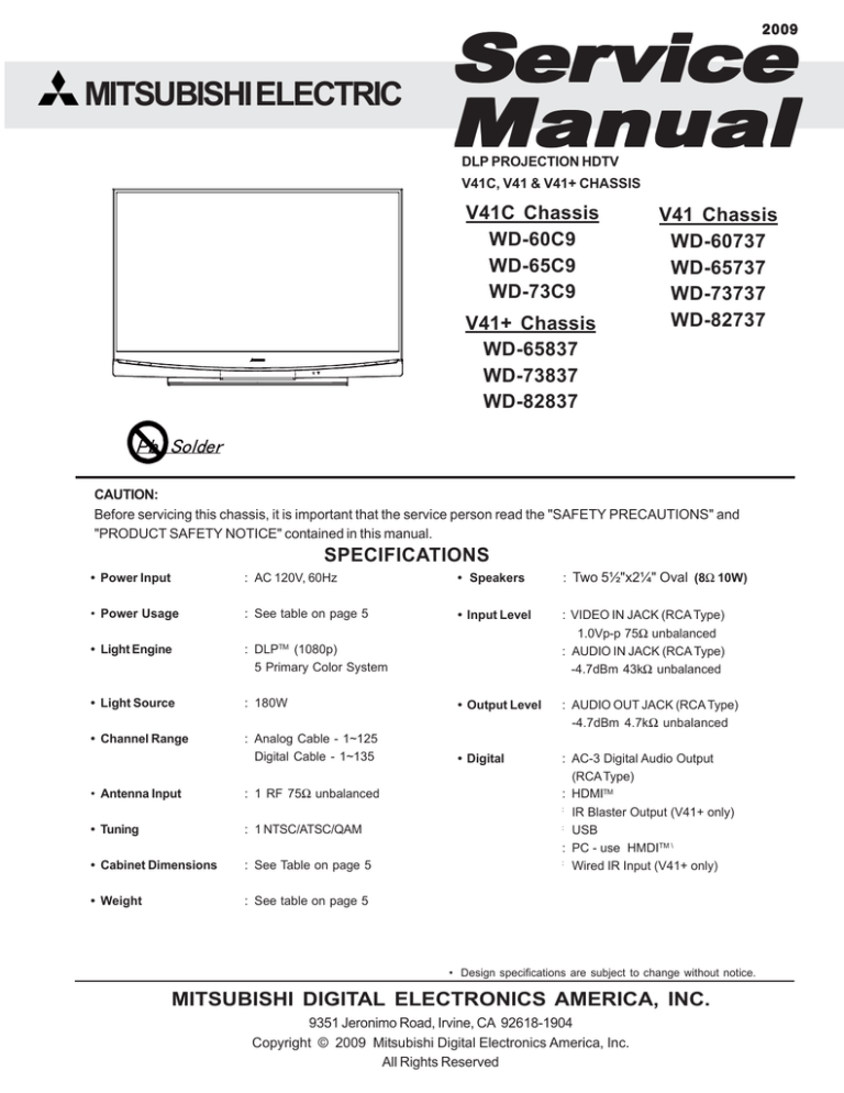 Mitsubishi Electric WD-82737, WD-73837, WD-73737, WD-65737, WD-60C9, WD ...