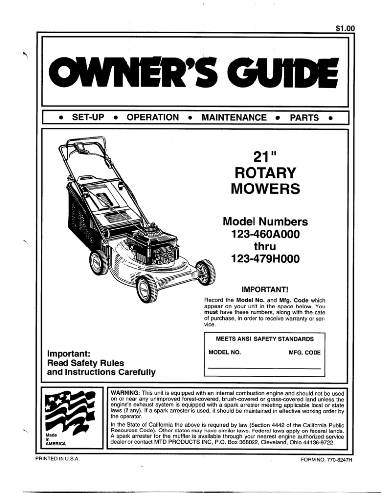 Mtd 123 460a000 Lawn Mower User Manual Manualzz