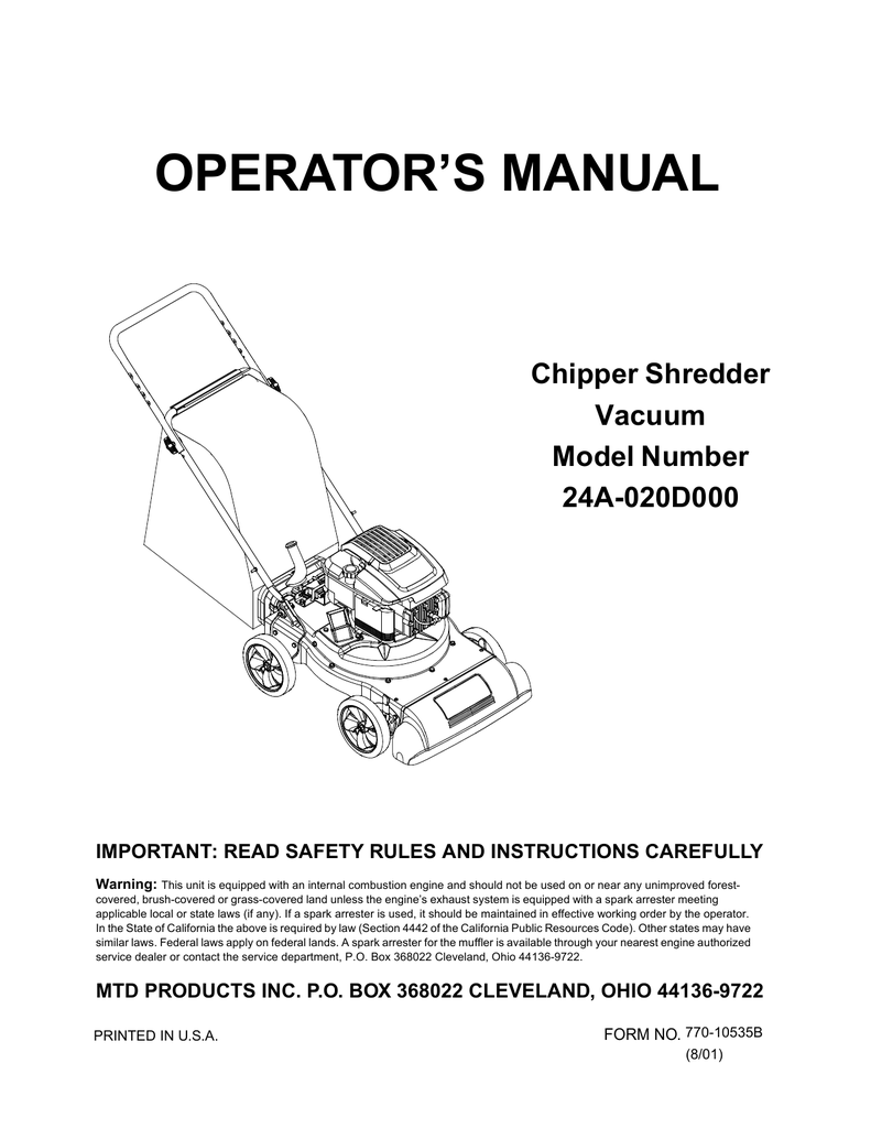 Mtd 24a-020d000 Chipper User Manual 