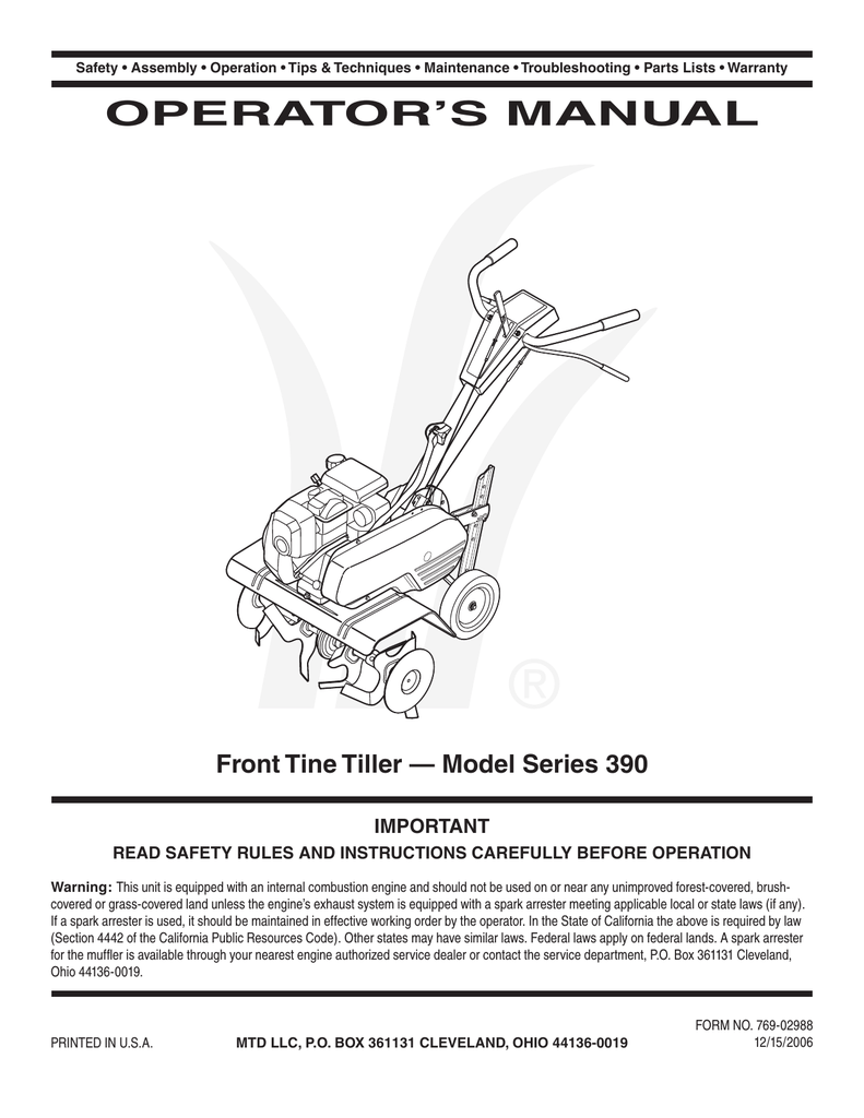 MTD 390 Series Tiller User Manual | Manualzz