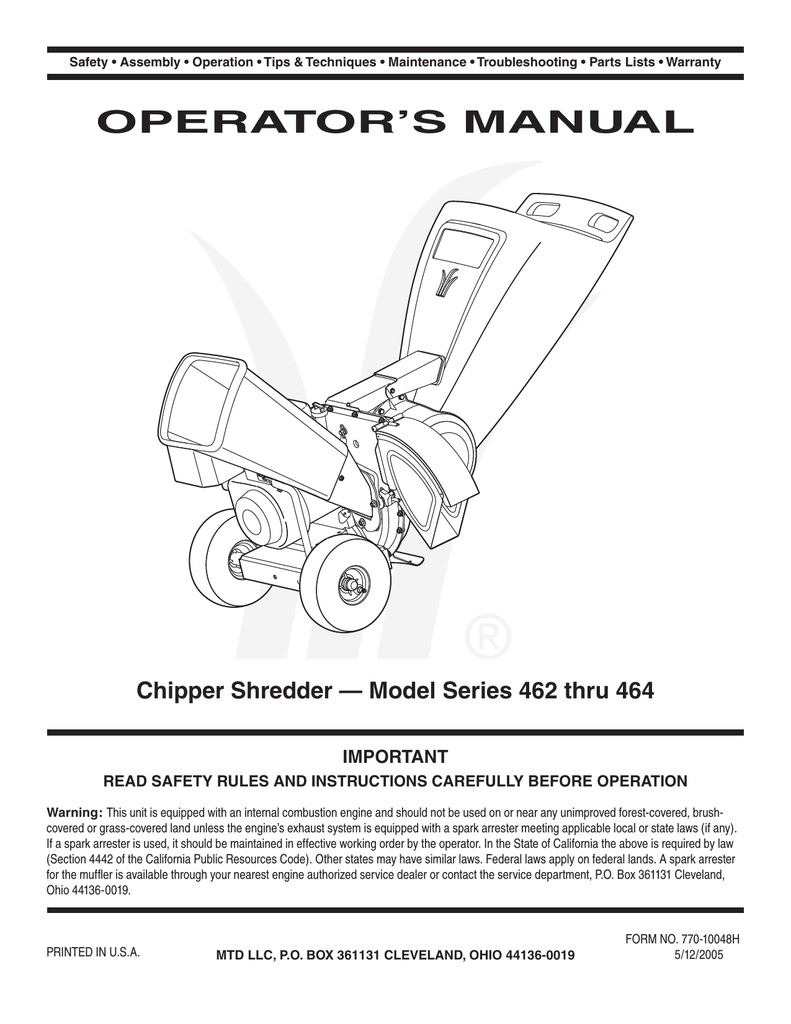 MTD 462 thru 464 Chipper User Manual Manualzz