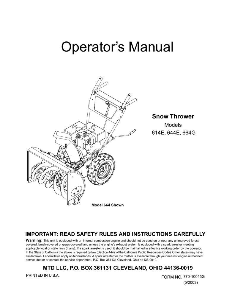MTD 614E Snow Blower User Manual Manualzz