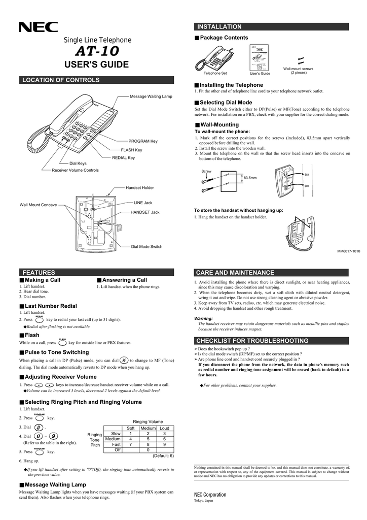 Nec At 10 Telephone User Manual Manualzz