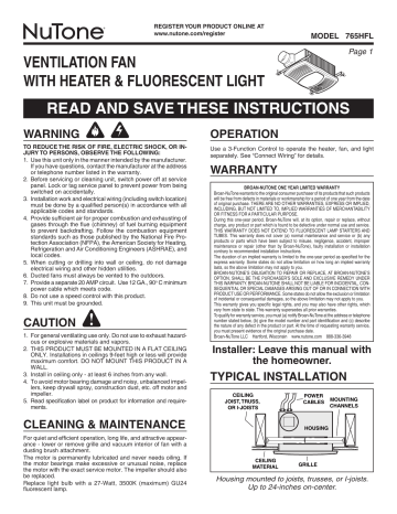 NuTone 765HFL Ventilation Fan User Manual | Manualzz
