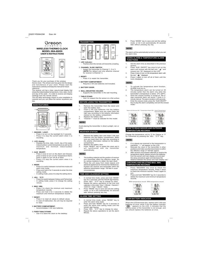 Oregon Scientific IWA80055 Clock User Manual Manualzz