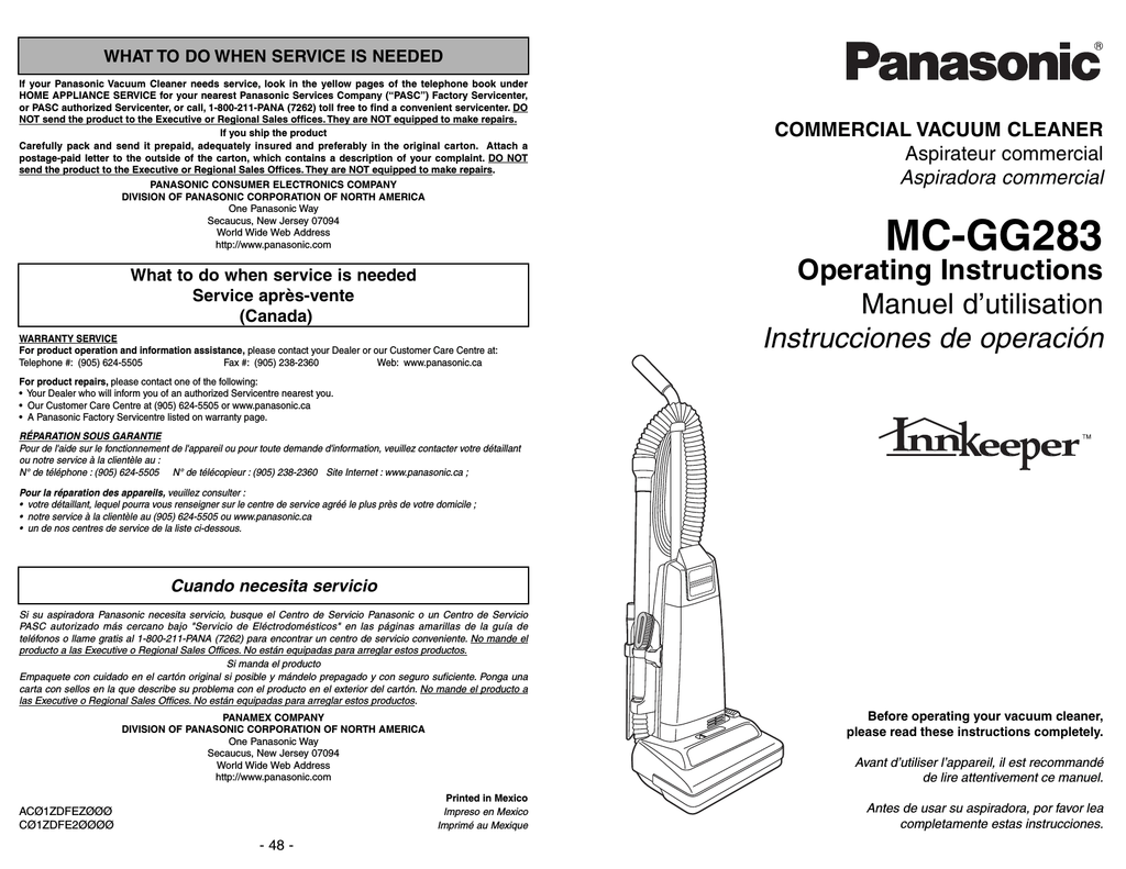Panasonic MCGG283 Vacuum Cleaner User Manual Manualzz