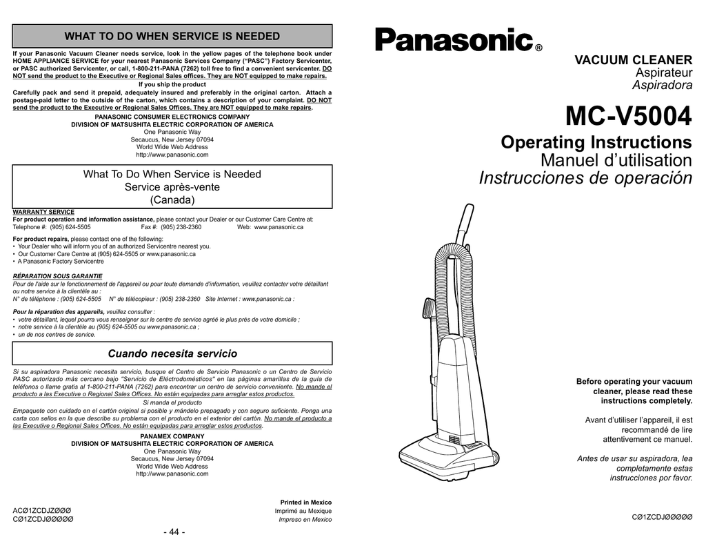 Panasonic MCV5004 Vacuum Cleaner User Manual Manualzz