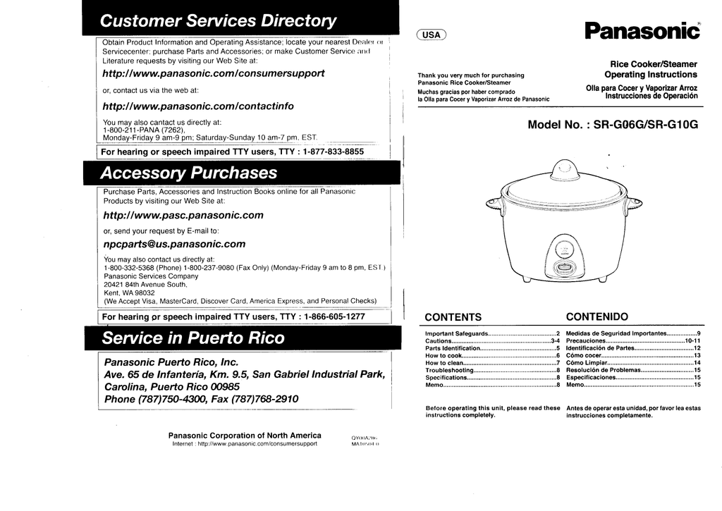 Panasonic SRG06G Rice Cooker User Manual Manualzz