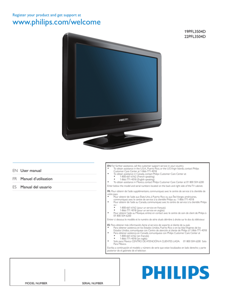 Philips 22PFL3504D/F7, 19PFL3504D/F7 User manual | Manualzz