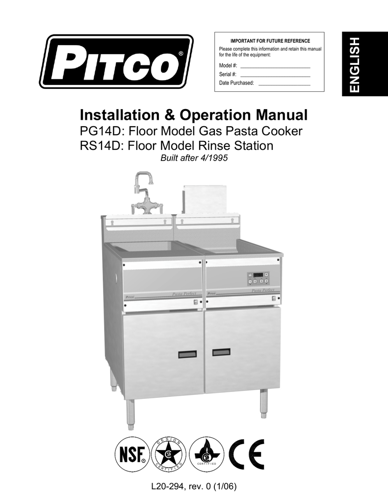 Pitco Frialator RS14D Pasta Maker User Manual | Manualzz