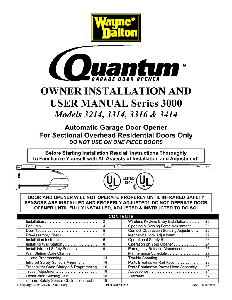 Quantum 3214 Garage Door Opener User, How To Change The Code On A Wayne Dalton Garage Door Opener