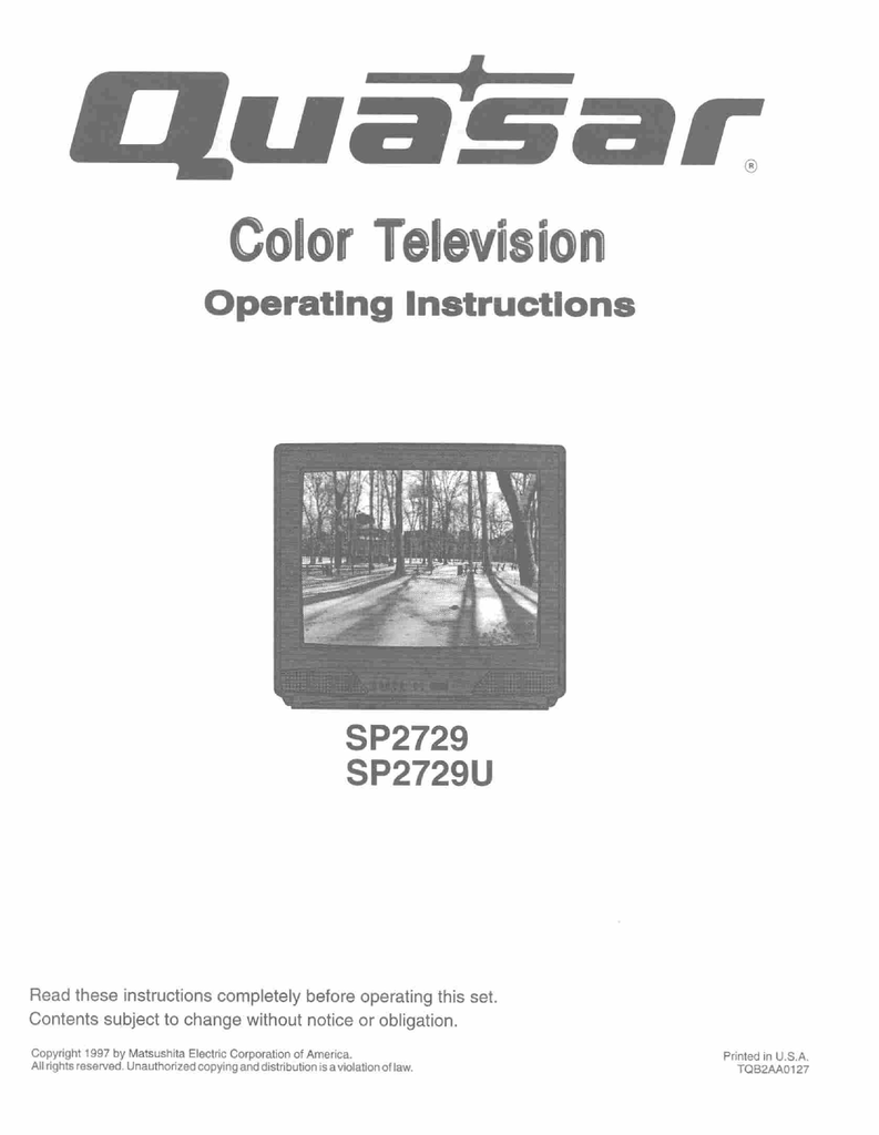 Quasar SP2729 CRT Television User Manual Manualzz