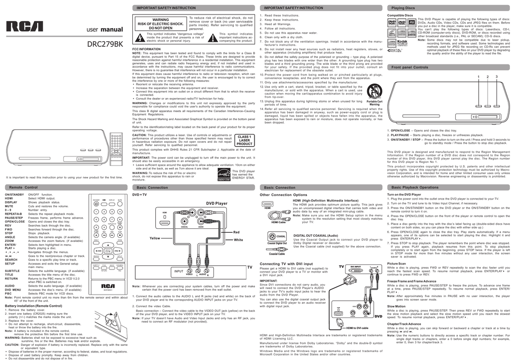 Rca Drc279bk Dvd Player User Manual Manualzz