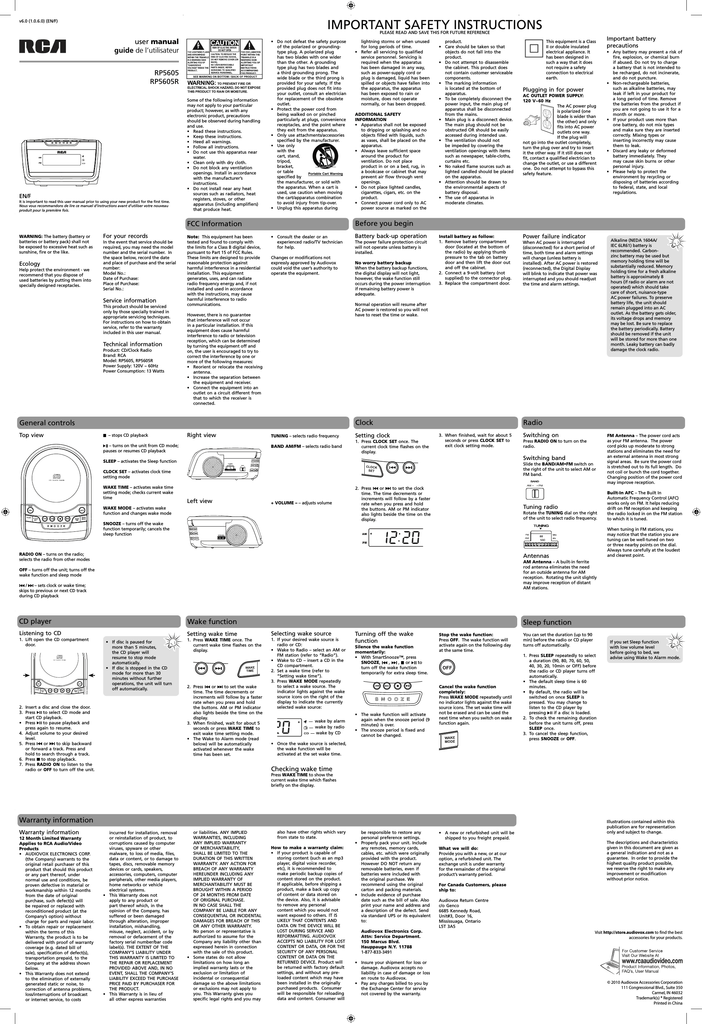 RCA RP5605 Clock Radio User Manual Manualzz