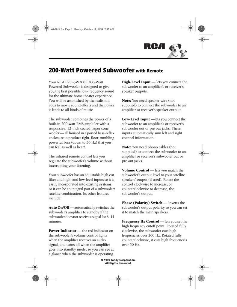 rca pro sw200p subwoofer