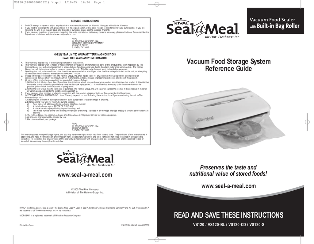 Rival Seal A Meal Model Vs106 B User Manual shanghairenew