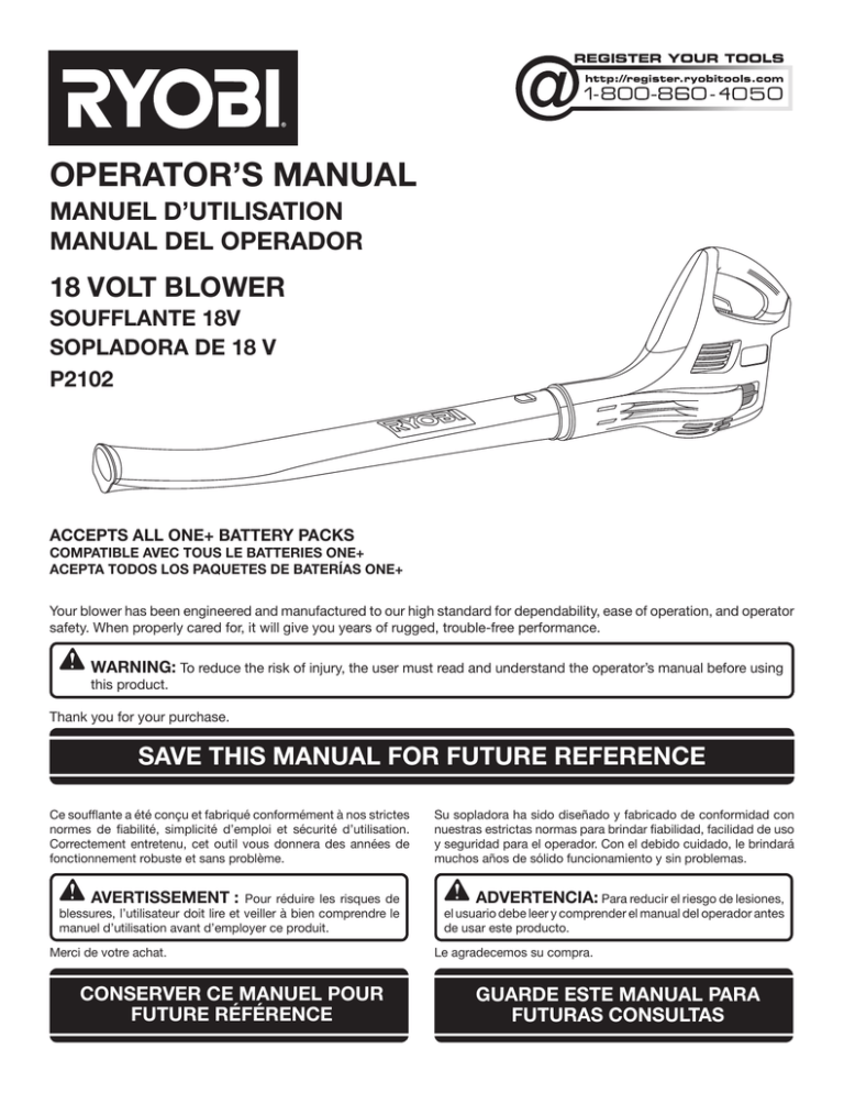 Ryobi P2102 Blower User Manual Manualzz