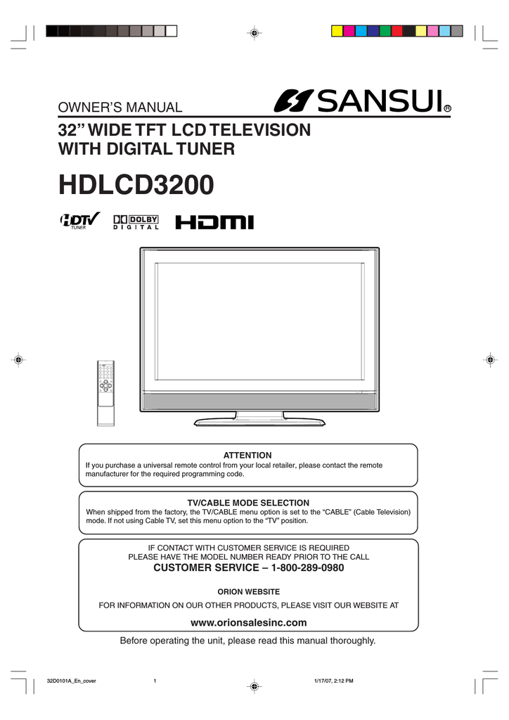 Sansui HDLCD3200 Flat Panel Television User Manual | Manualzz