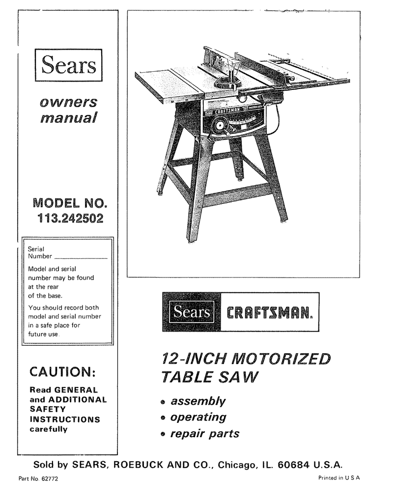 Sears Craftsman  Table Saw Manual Model # 113.298720 