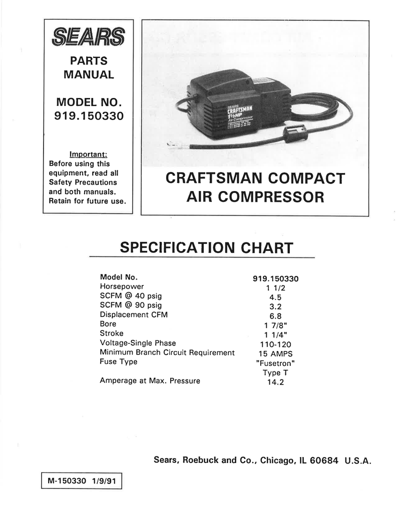 Sears 919 15033 Air Compressor User