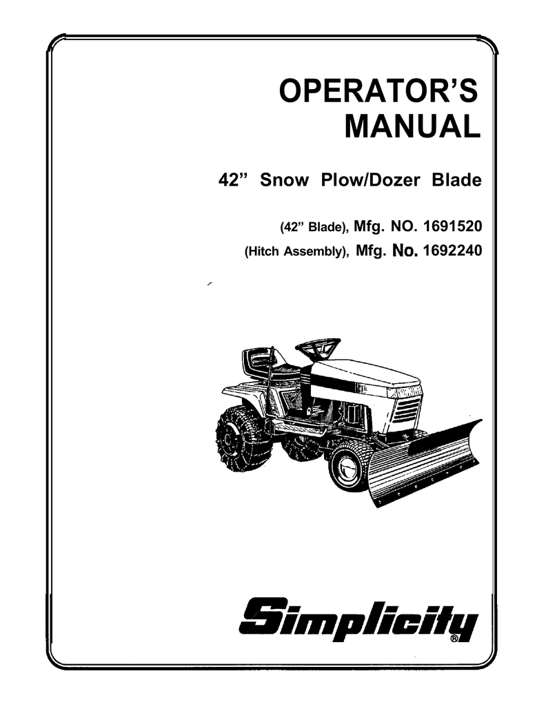 Simplicity Snow Plow/Dozer Blade Lawn Mower User Manual Manualzz